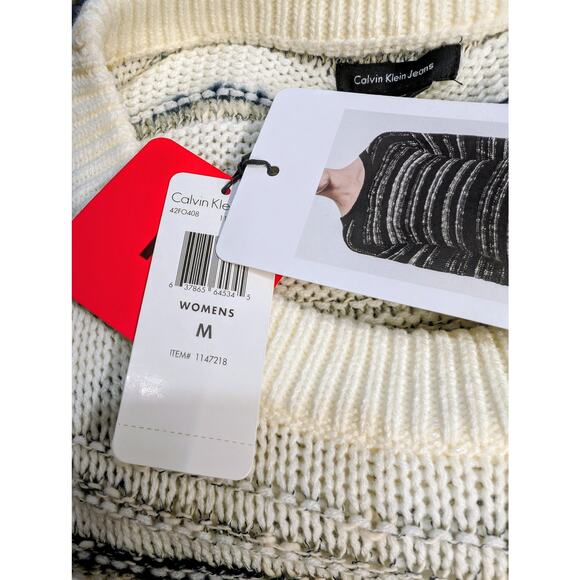 Calvin Klein Jeans Tan Blue Striped Knit Sweater Medium NWT - Picture 8 of 9